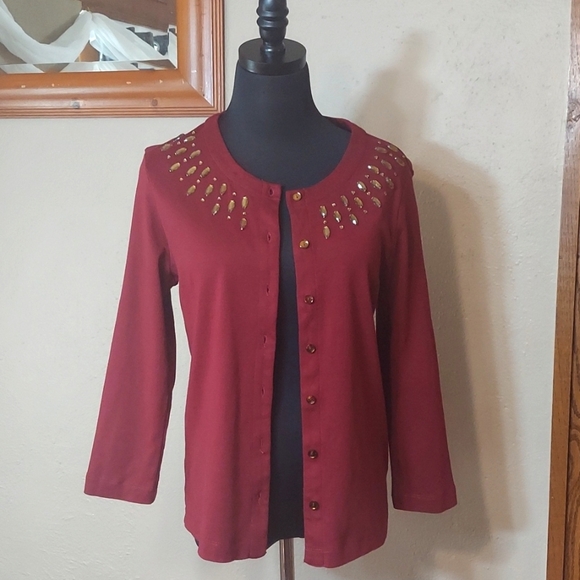 Rafaella Sweaters - Women's Rafaella Petite Wine Cardigan with Champagne Gold Accents Sz PM